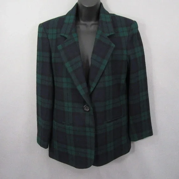 Braebrook Womens Blazer Jacket 4P Petite Green Blue Tweed Vintage Plaid - Picture 1 of 14